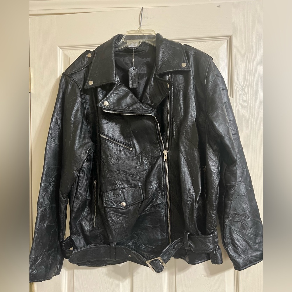 Flight Path Black Vintage 90’s Leather Jacket Deadstock Moto Biker Patchwork-XL